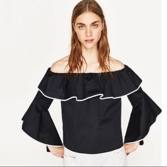 Zara Tops - ZARA Off the Shoulder Ruffle Black w/ White Piping Long Bell Sleeve Top
